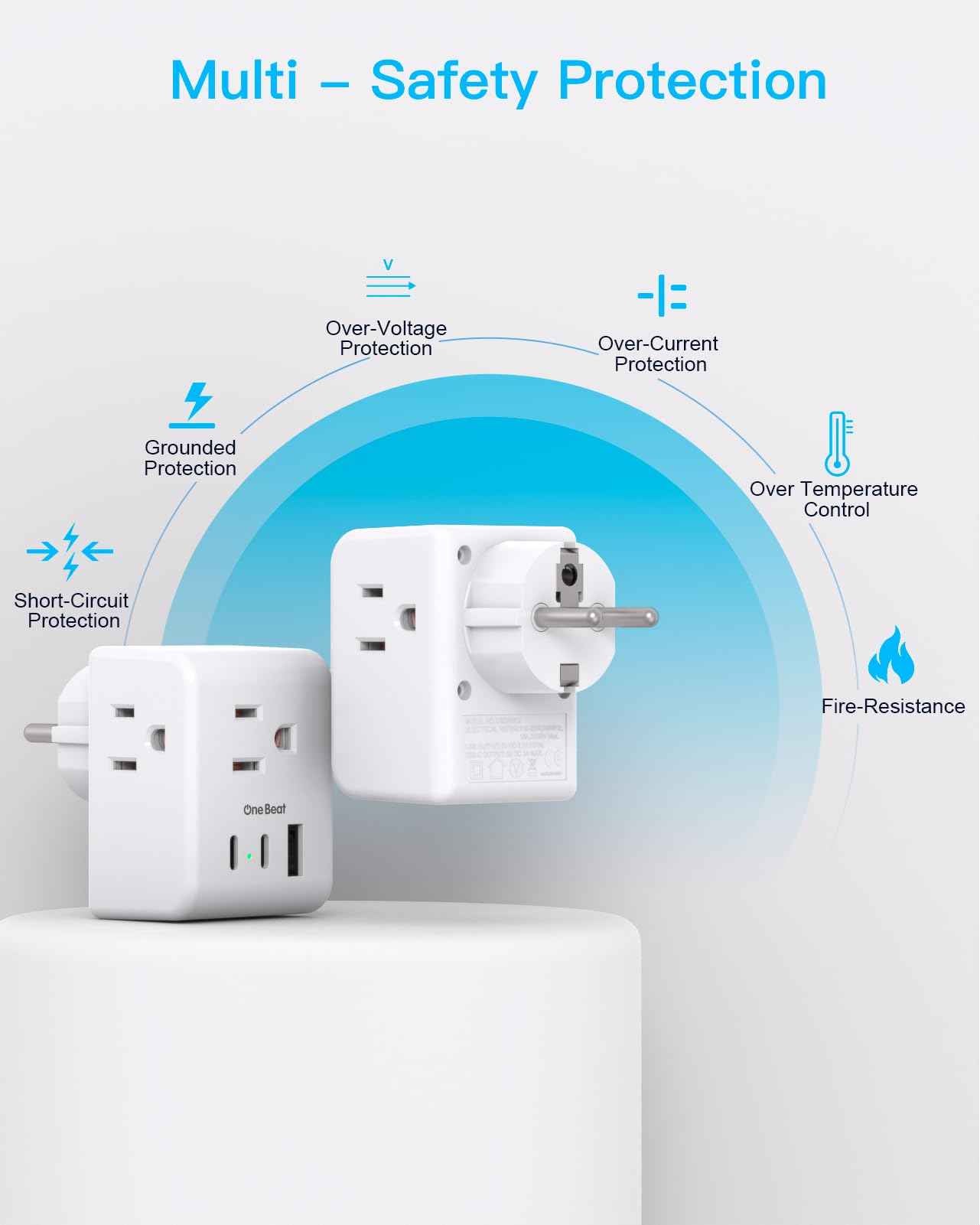 2 Pack Germany France Travel Plug Adapter with 3 Outlets 1 USBA 2 USB C, One Beat Type E/F International Power Adapter, Travel Essentials US to Europe France Germany South Korea Netherlands
