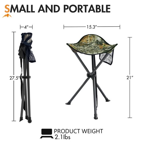 Portal Folding Camping Stool Portable Foldable Tripod Seat for Hiking Hunting Walking Fishing Travel Outdoors with Side Pockets Sturdy Steel Legs Support Up to 225 LBS