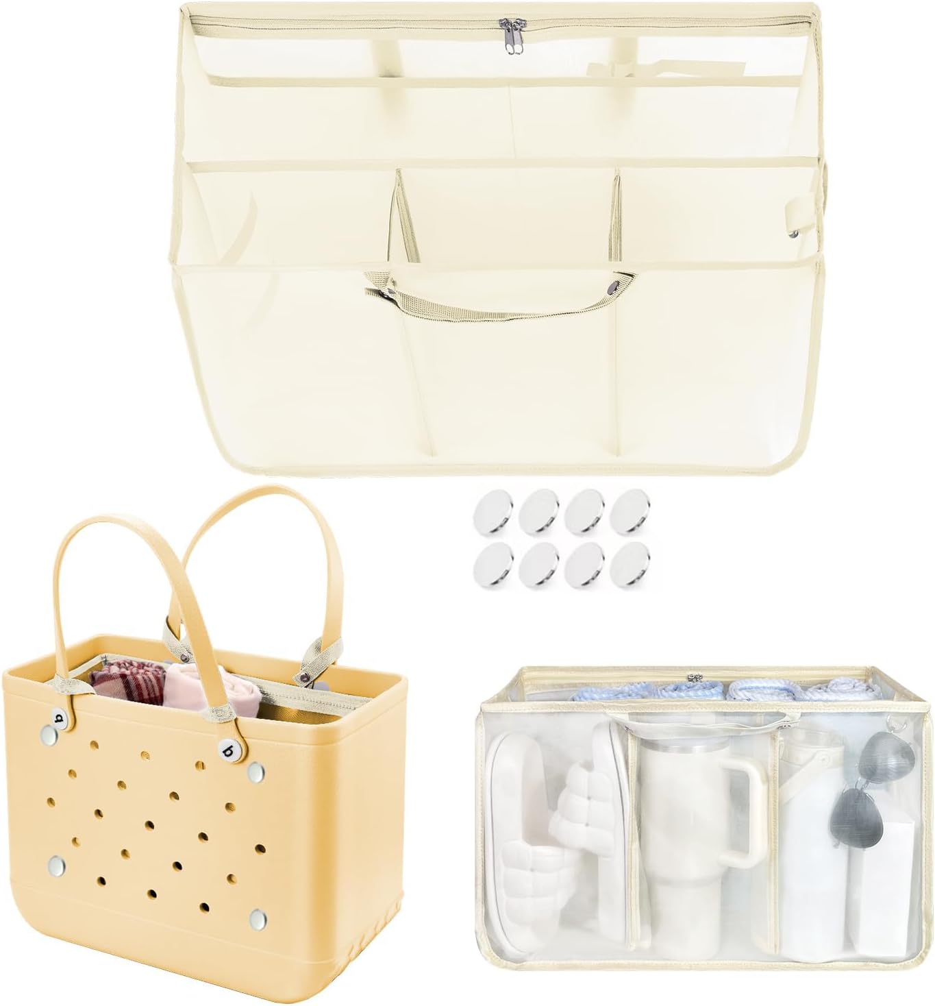XYFuuee Beach Bag Organizer - Medium Bogg Bag Inserts with 8 Removable Fasteners | Lightweight Mesh Divider, Khaki