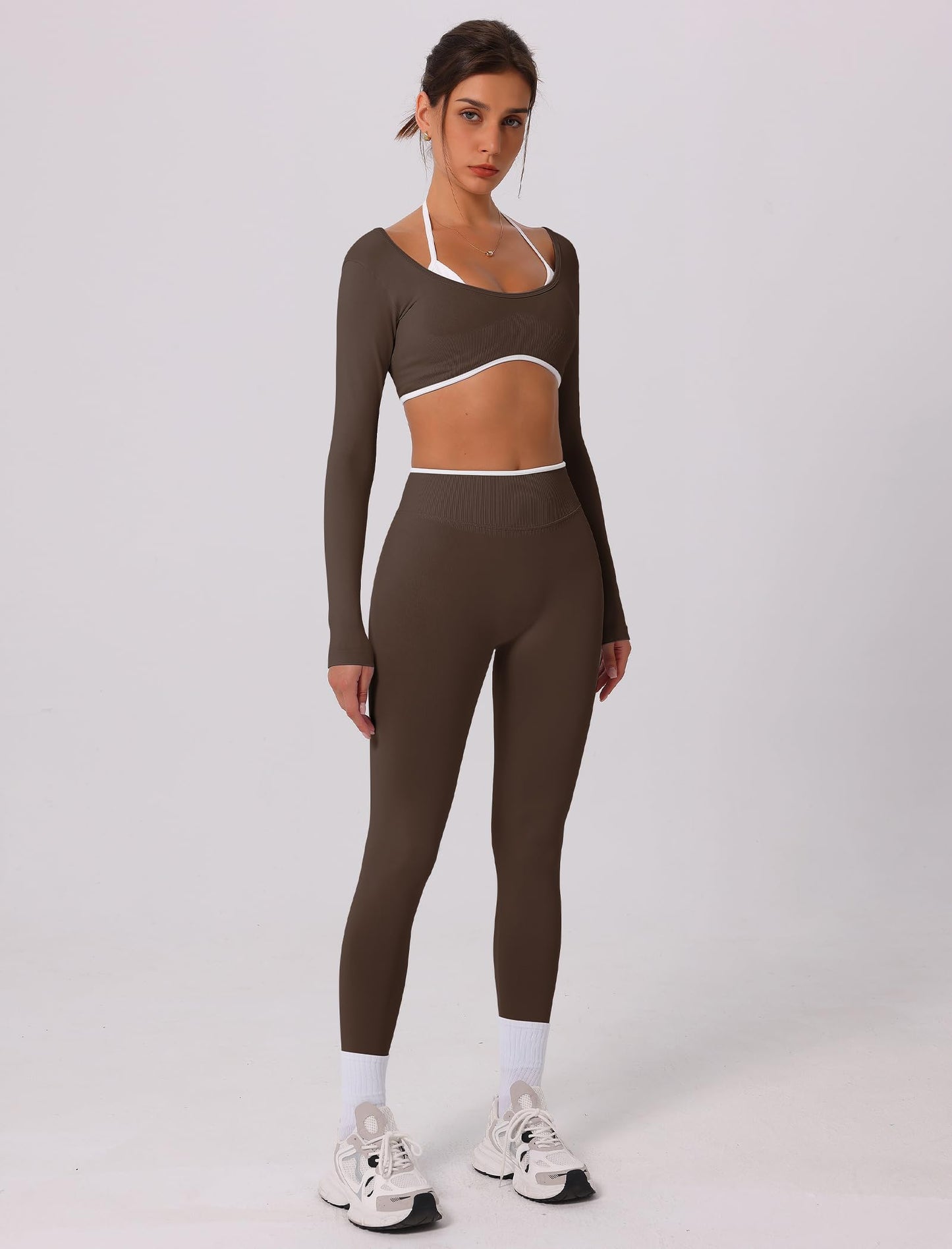 ABOCIW Long Sleeve Workout Sets for Women 2 Piece Seamless Color Block Backless Cropped Top Scrunch Butt Lifting High Waist Leggings Gym Set Yoga Pilates Outfits Coffee Small