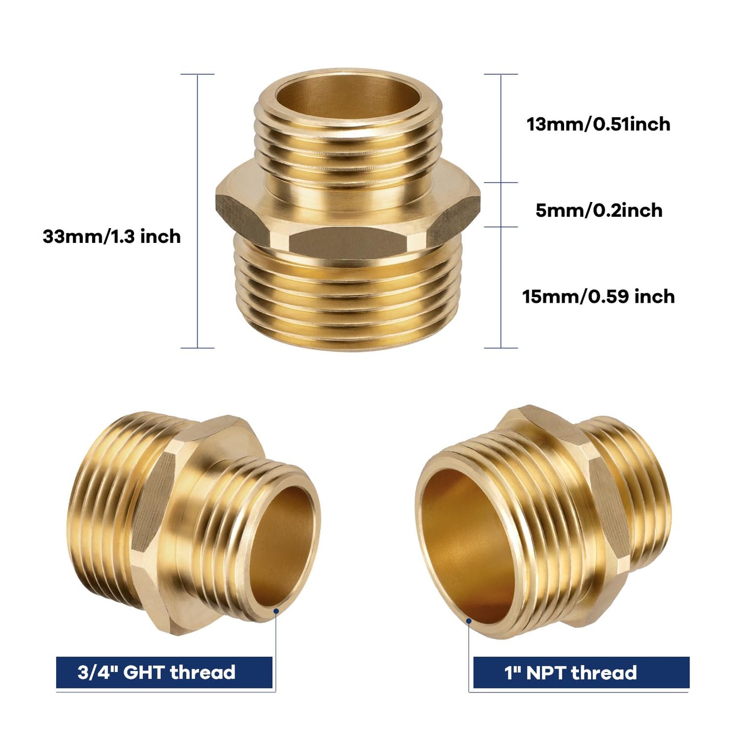 3/4" GHT Male x 1" NPT Male Hose Connector, Brass Garden Hose Adapter, Hex Nipple Reducer, Industrial Metal Brass Garden Hose to Pipe Fittings Connect (2-Pack)