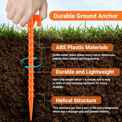 Hikemax 15 Pack Orange Plastic Spiral Tent Stakes, 10 Inch Ground Anchors