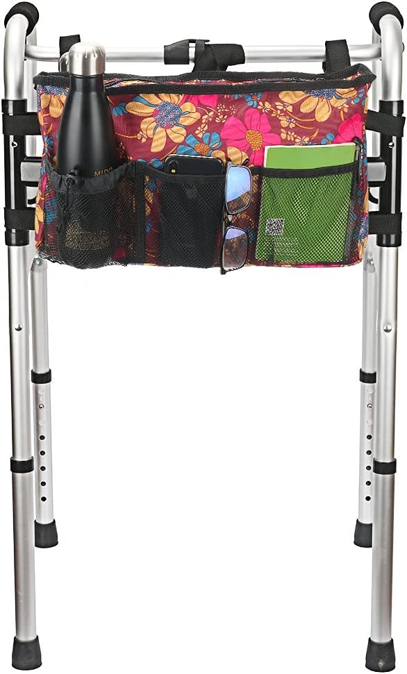 Walker Bag - Water Resistant Pouch Basket with 6 Pockets for Rollators & Wheelchairs | Floral Design