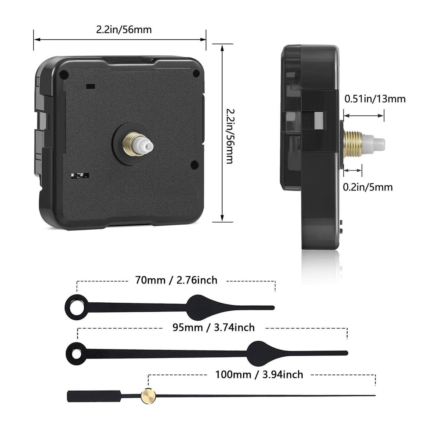 5168S Silent Quartz DIY Wall Clock Movement Mechanism Battery Operated with 13mm/0.51 inch Shaft Length, 100mm/3.94 inch Long Hands