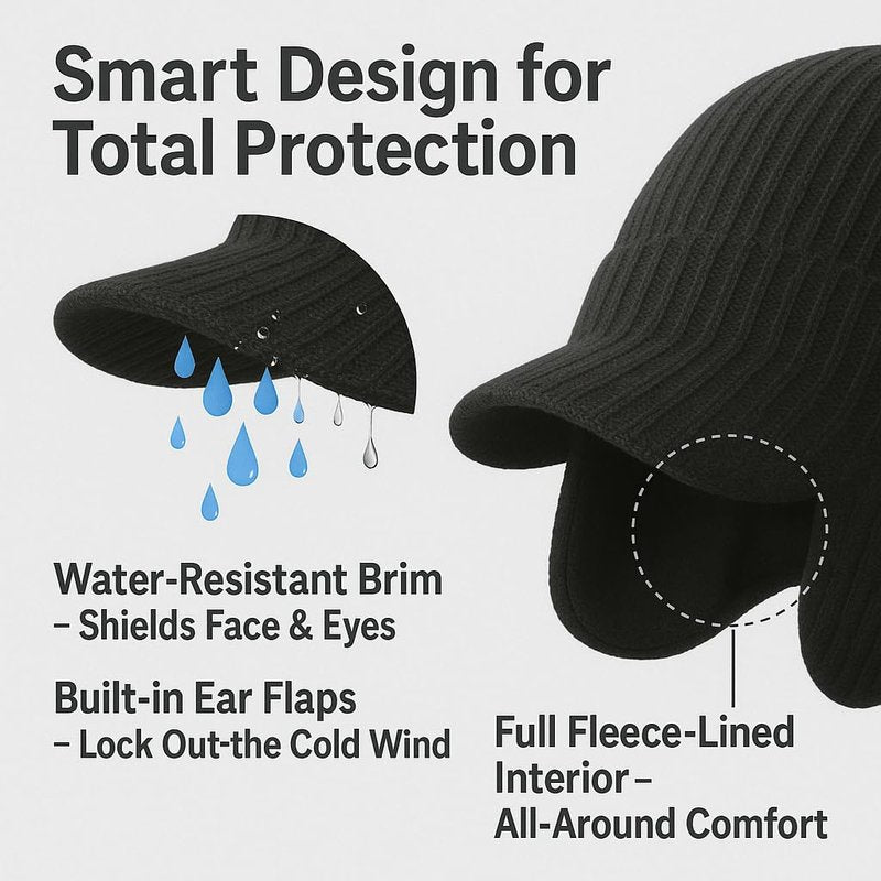 Plus Size M/L/XL/XXL Waterproof Merino Wool Beanie Hat with Brim Ear Flaps Fleece Lined Ski Cap for Cold Weather & Big Heads Black