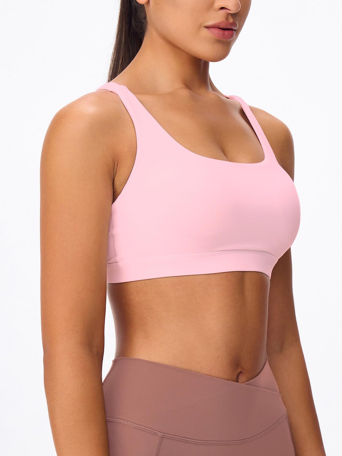 Omwilddo Women's Strappy Sports Bras Light Compression Crop Criss Cross Back Padded Workout Yoga Bra Supportive U Neckline Light Pink M