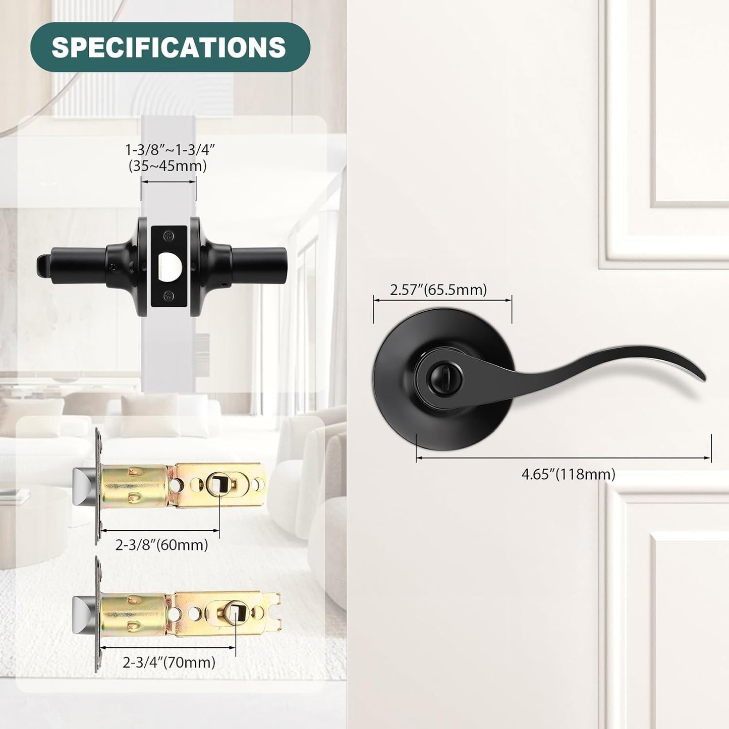 Black Privacy Door Levers - 6 Pack Keyless Modern Wave Handles for Bedrooms