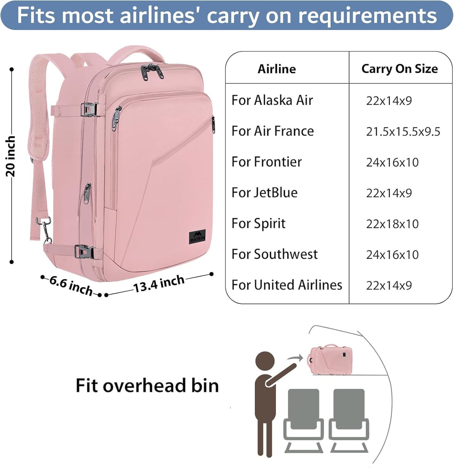 MATEIN 45L Womens Travel Backpack, Extra Large Carryon Backpack Fits Overhead Bin, Cute Weekender Daypack for Travel on Airplane, Traveling Accessories for Women, Pink