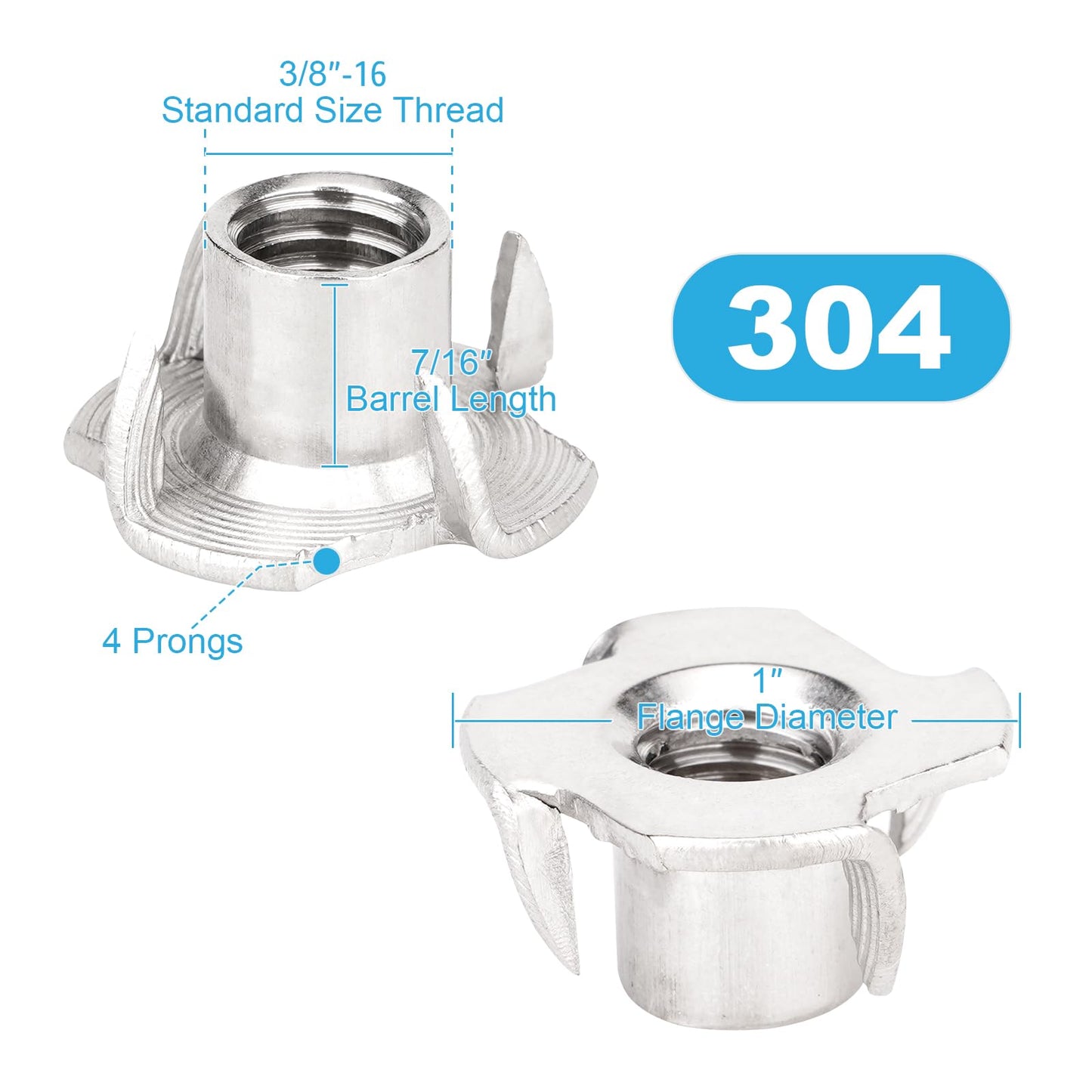 3/8"-16 T-Nuts (20 Pack), 304 (18-8) Stainless Steel, 7/16" Barrel Length, 4-Pronged Tee Nut for Wood, Rock Climbing Holds, Cabinetry