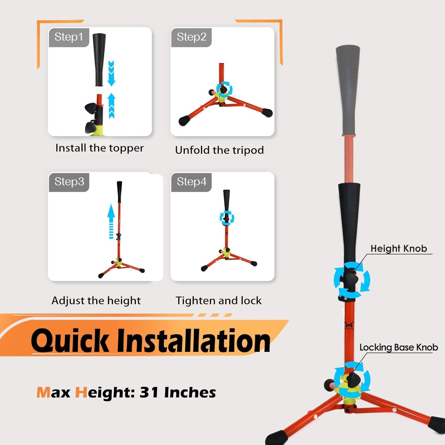 Skiennix Baseball Batting Tee - Adjustable 20-31" Tripod T-Ball Trainer for Kids 3-8 | Portable & Stable