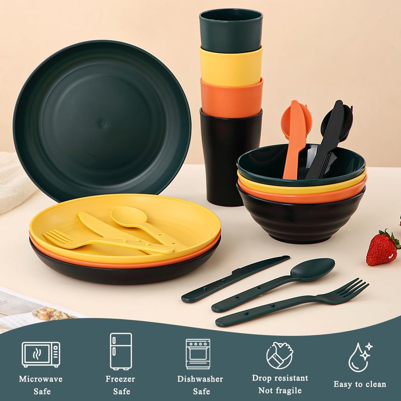 ReaNea Camping Mess Kit for 4 with Bowl, Plate, Cup, Spoon, Fork, Knife and Carry Bag, Plastic Camping Accessories Essentials Gear for Travel, Picnic, Outdoor, Easy to Carry & Store
