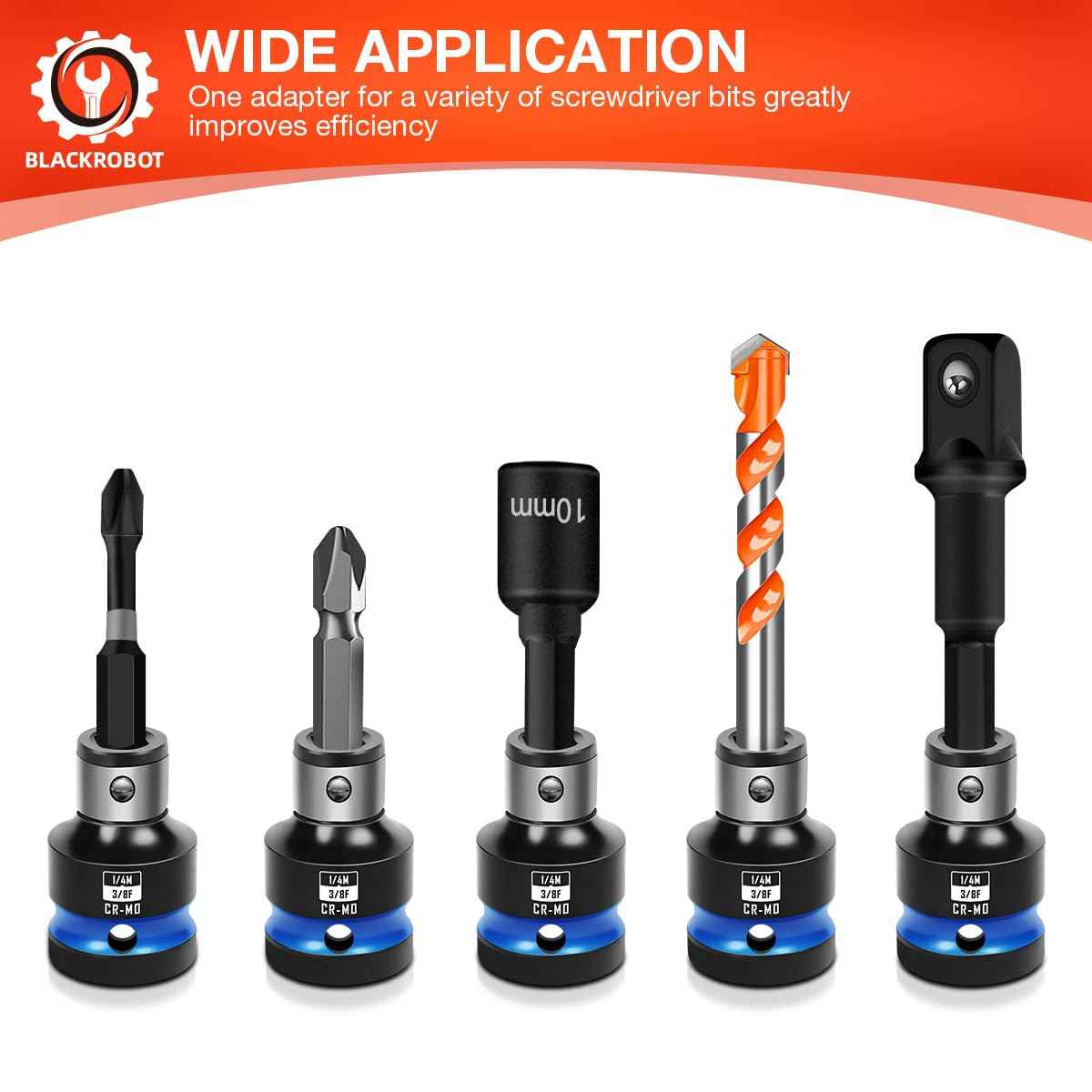 BLACKROBOT 6PCS Impact Bit Holders 1/2 3/8 1/4 Inch Square Drive to 1/4 Inch Hex Socket Adapter for Impact Wrench Ratchet, Cr-Mo