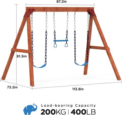 Dolphin Playground Wooden Swing Set for Kids - Heavy Duty Outdoor Play with Trapeze Bar & 2 Belt Swings