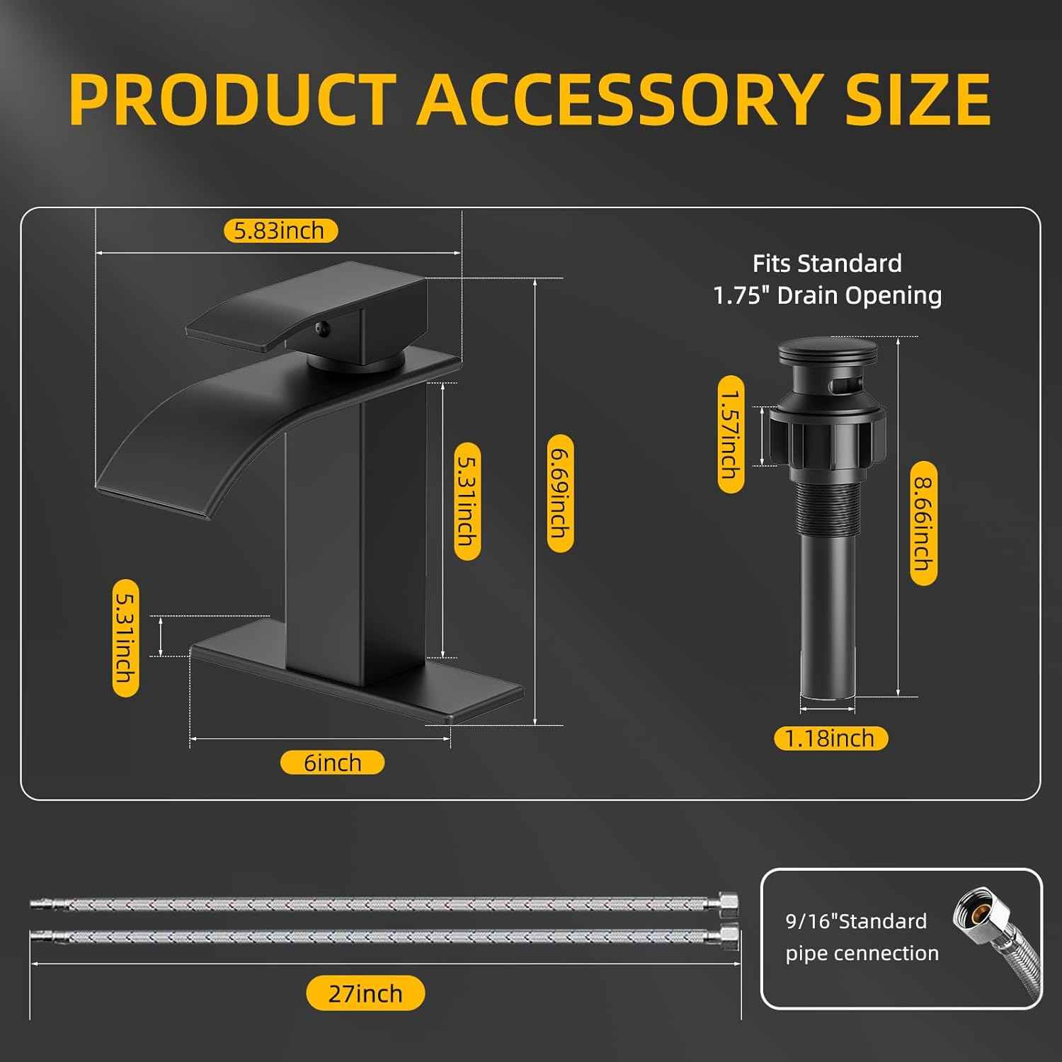 Modern Brushed Gold Bathroom Faucet with Waterfall Spout & Pop-Up Drain - Single Handle Vanity Sink Faucet
