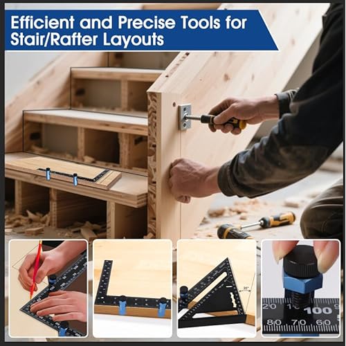 Stair Gauge for Speed Square and Circular Saw Guide, Non-Slip Tall Stair Gauges Set with Holder & Carabiner, Anti-Scratch, Extend Slot Framing Square jig for Stair Rafter Layout, Carpenter Tools