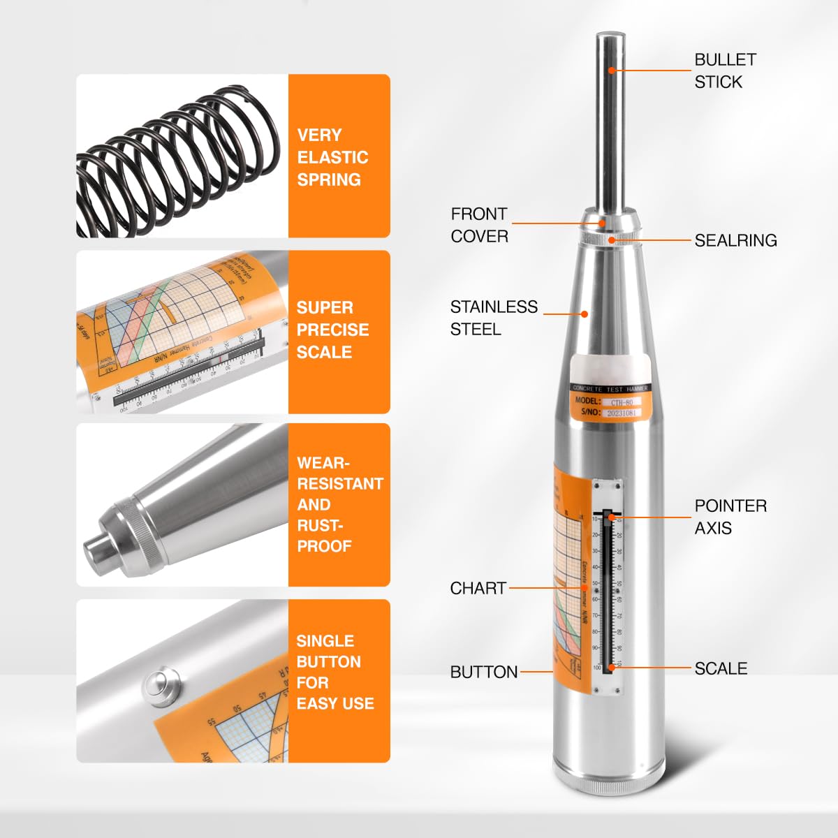 SMTOER CTH-80 Concrete Rebound Hammer Tester | Digital Concrete Strength Test Kit 10-70MPa (1450-10150psi) | Mechanical Resiliometer with Calibration Tool & Case