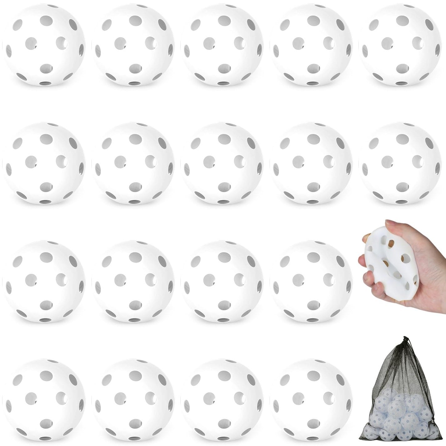 Coopay 18 Pack Plastic Baseballs Soft Baseballs Practice Balls Lightweight Hollow Training Balls with a Drawstring Bag for Hitting Pitching Batting Indoor Outdoor Sport (White)