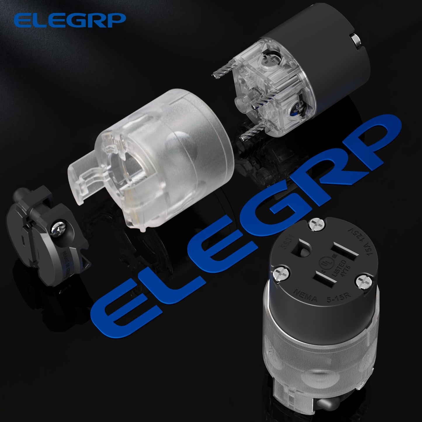 ELEGRP Lighted Straight Blade Connectors, 15 Amp 125 Volt NEMA 5-15R 2 Pole 3 Wire Grounding Electrical Plug Replacement Cord Outlet, Commercial Grade, Black, 1 Pack