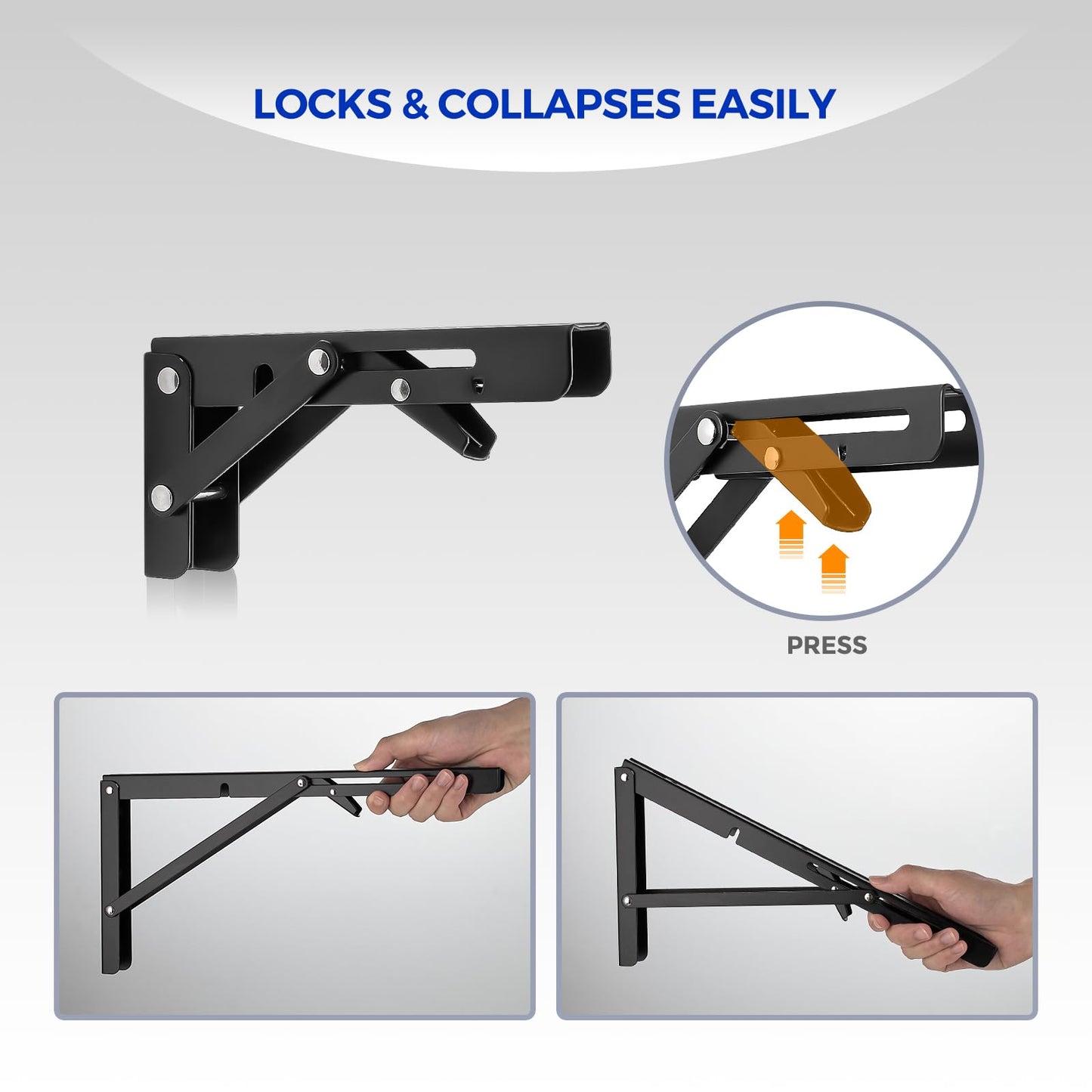 Ravinte 6 Inch Heavy Duty Folding Shelf Brackets - Collapsible Matte Black Brackets for Table, Bench, Space Saving Design, 2 Pack