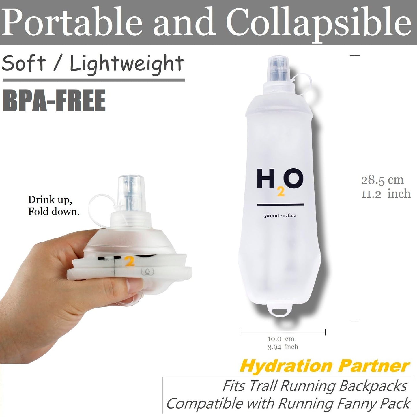 HECHZSO Collapsible TPU Soft Flask 500ml Leakproof Hydration Bottle with High-Flow Bite Valve for Running, Hiking, Cycling & Climbing, Lightweight Foldable Water Bottle (2 pcs 500ml)
