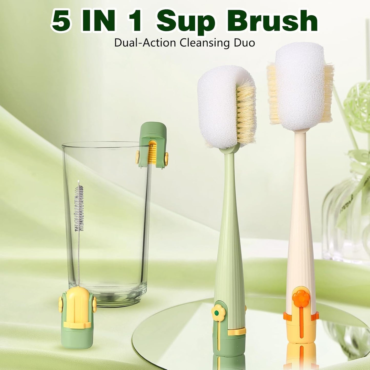 Skiennix 5-in-1 Bottle Cleaning Brush Set - Multifunctional Kitchen Scrubber with Long Handle | 2 Pack