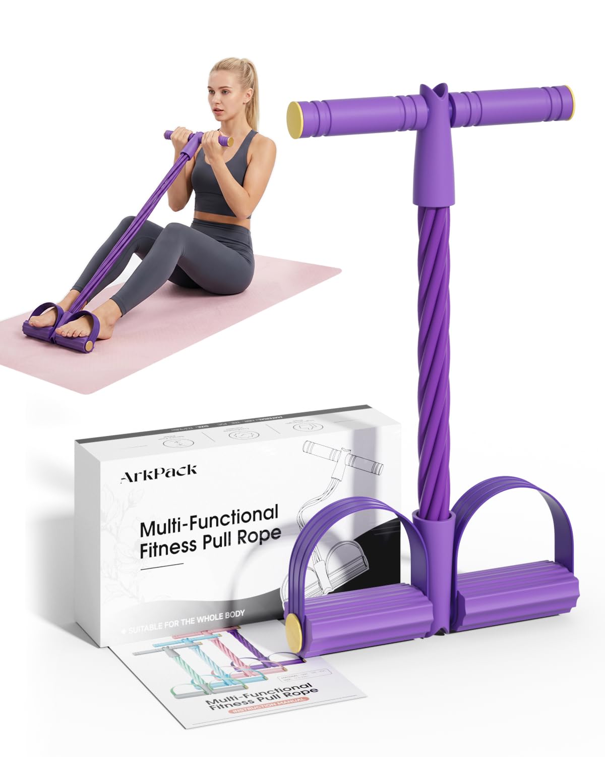 ArkPack Pedal Resistance Band with Handle,6-Tubes Elastic Pull Rope Fitness Foot Pedal Resistance Bands for Women Girls Bestie Yoga Pilates Exercise Legs Calves Waist Arms Abdomen- Purple