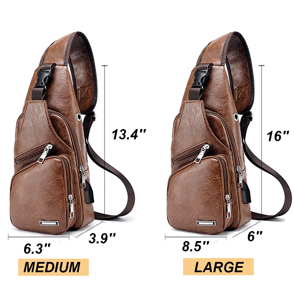 Peicees Leather Sling Bag Mens Crossbody Bag Chest Bag Sling Backpack for Men with USB Charge Port