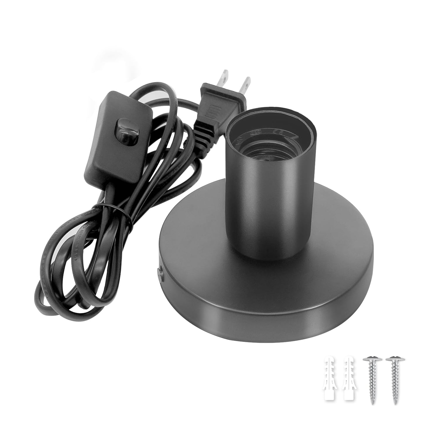 Suoyouman Industrial Table,Small Polished Metal Desktop Lamp Base Only,E26 E27 Screw Light Bulb Holder Base Lamp Replacement Base for Holding Bulb,6 Feet Cord on Off Switch Plug Black 1 Pcs