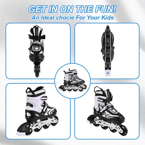 ZHUKAIKJ Kids Inline Skates for Boys and Girls, 4 Size Adjustable Inline Skates with All Light Up Wheels for Toddler Kids Beginner Outdoor Indoor Sport (Black&White, Small)
