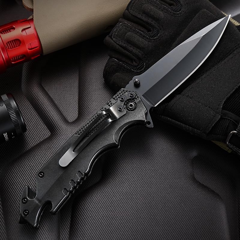 Pocket Knife with Serrated Clip Blade, Folding Pocket Knife for Outdoor Tactical Survival and EDC, Survival Knife Liner-Lock Belt Clip, Hunting, Camping, Broken Glass, Unique Gifts for Friends