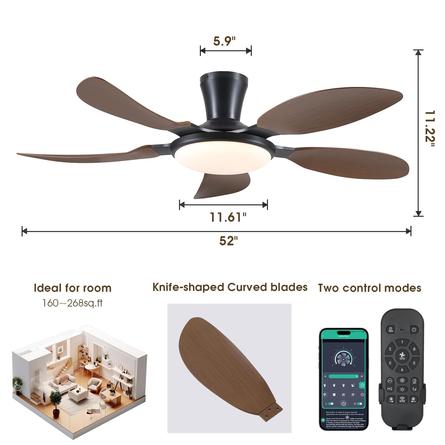 PHORUS 52" Low Profile Ceiling Fans with Lights and Remote,Modern Flush Mount Ceiling Fans with Quiet Reversible DC Motor, Dimmable 3 Colors 6 Speeds
