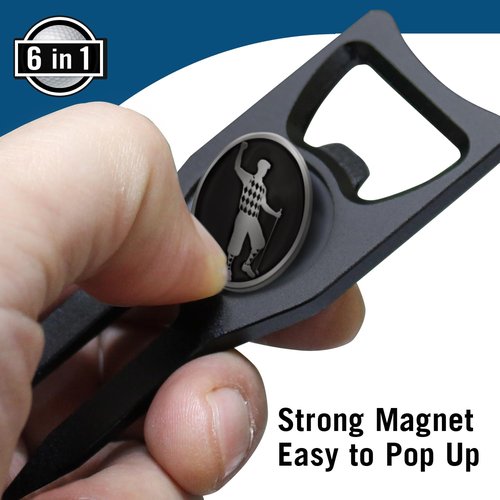 6-in-1 Golf Divot Tool with Ball Marker – Premium Multi-Tool with Bottle Opener, Club Tee, Groove Cleaner, and Putting Alignment – The Ultimate Golf Accessory for the Green – Black