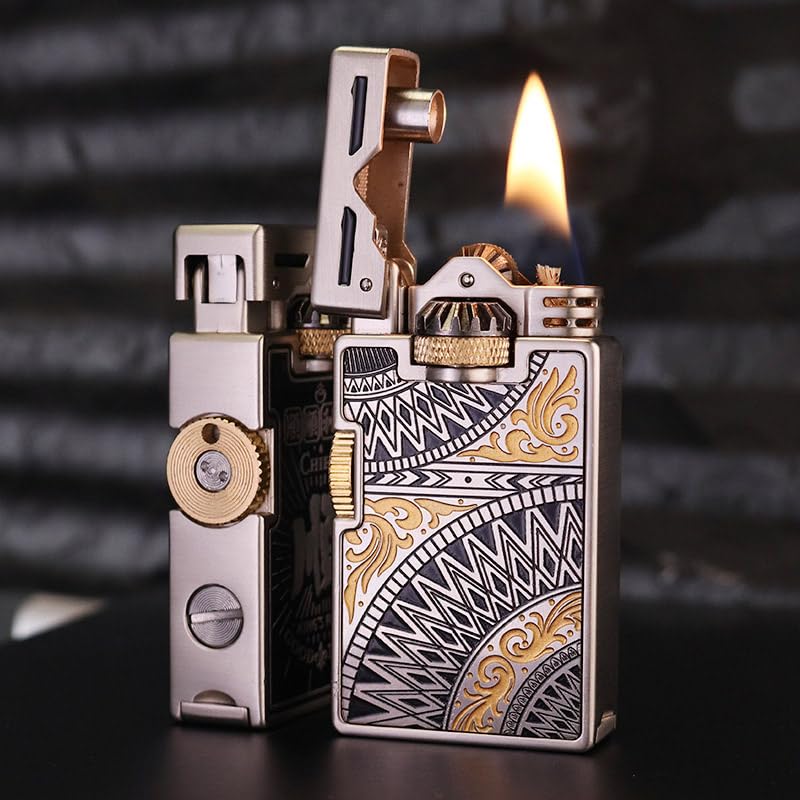 Vintage Metal Lighter, Hand Engraved Sliding Gear Lgnition Soft Flame Lighter for Men Dad Husband Collect (Fuel Not Included) (Silver)