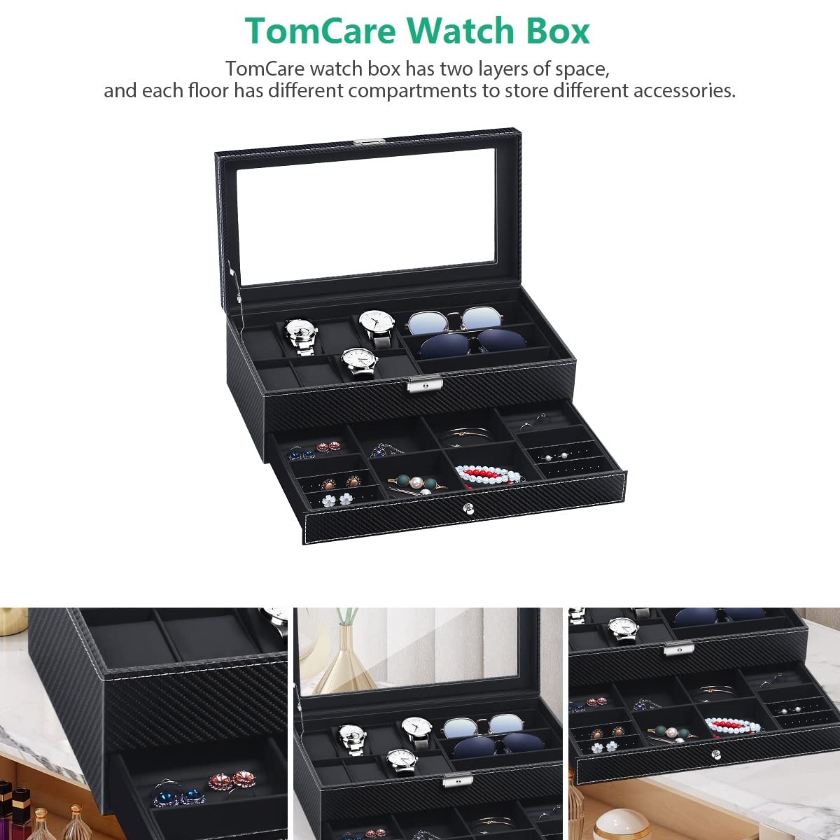TomCare Watch Box Watch Case Watch Holder Organizer Jewelry Case Drawer Sunglasses Display Box Storage Earrings Storage Organizer Lockable with Glass Top and PU Leather for Men Women (All Black)