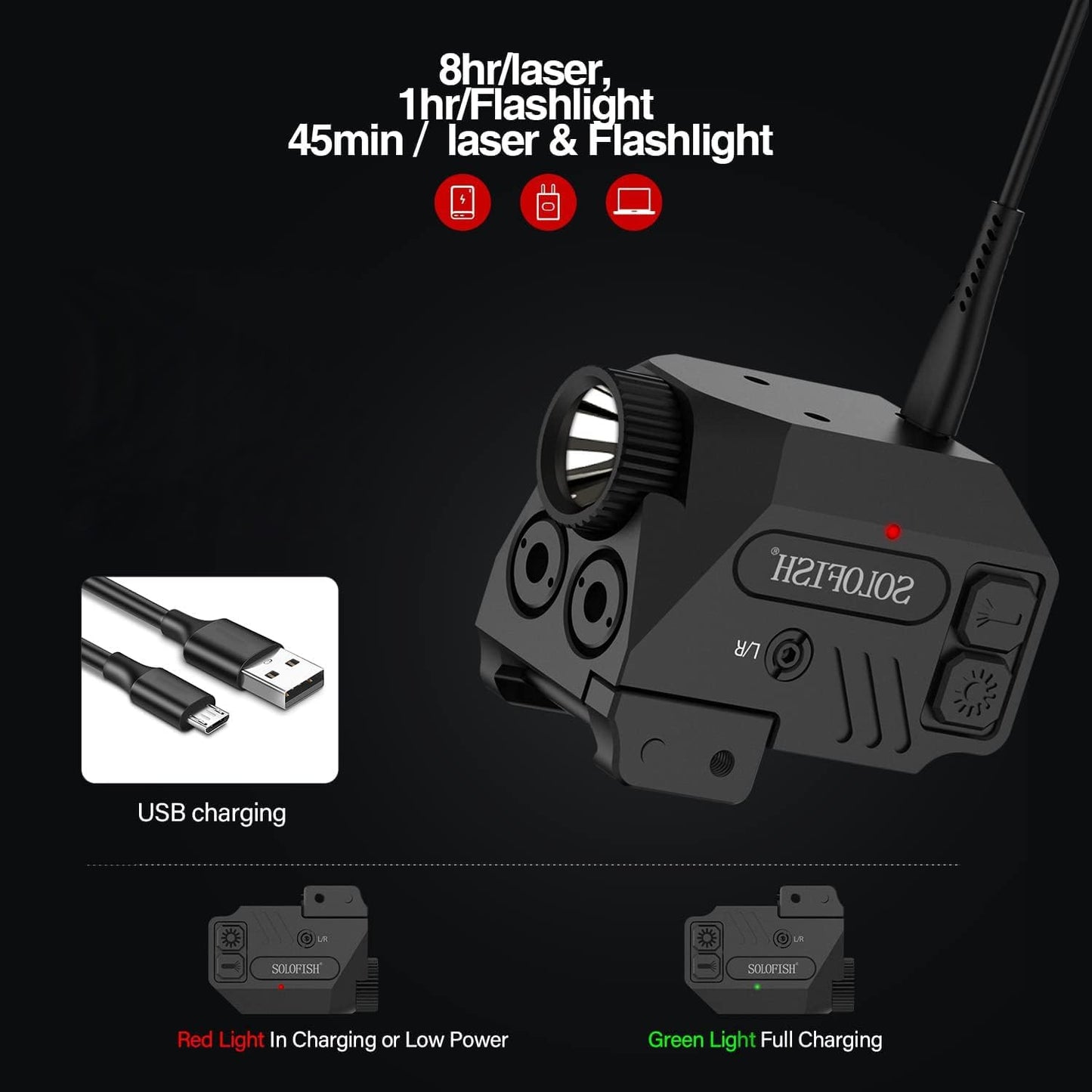 SOLOFISH Pistol Light - 500lm Rechargeable Aluminum Weapon Light with Purple/IR/Green Beam Combo