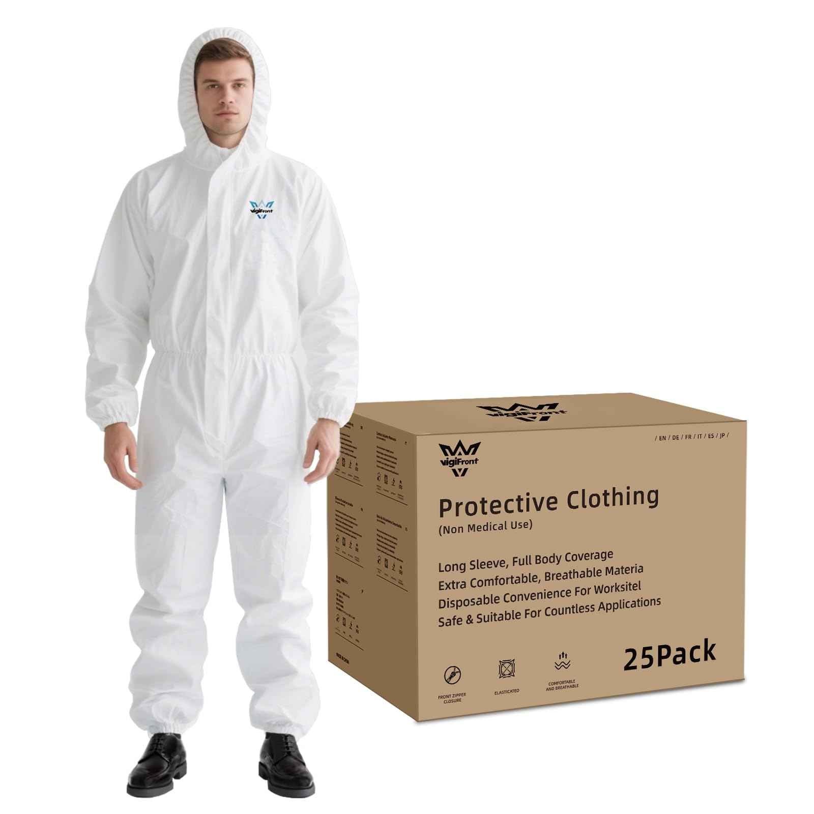 VigiFront Disposable Coveralls Hazmat Suit, Full Body Paint Suits, 7 Size Options, with Elastic Wrists, Ankles and Hood