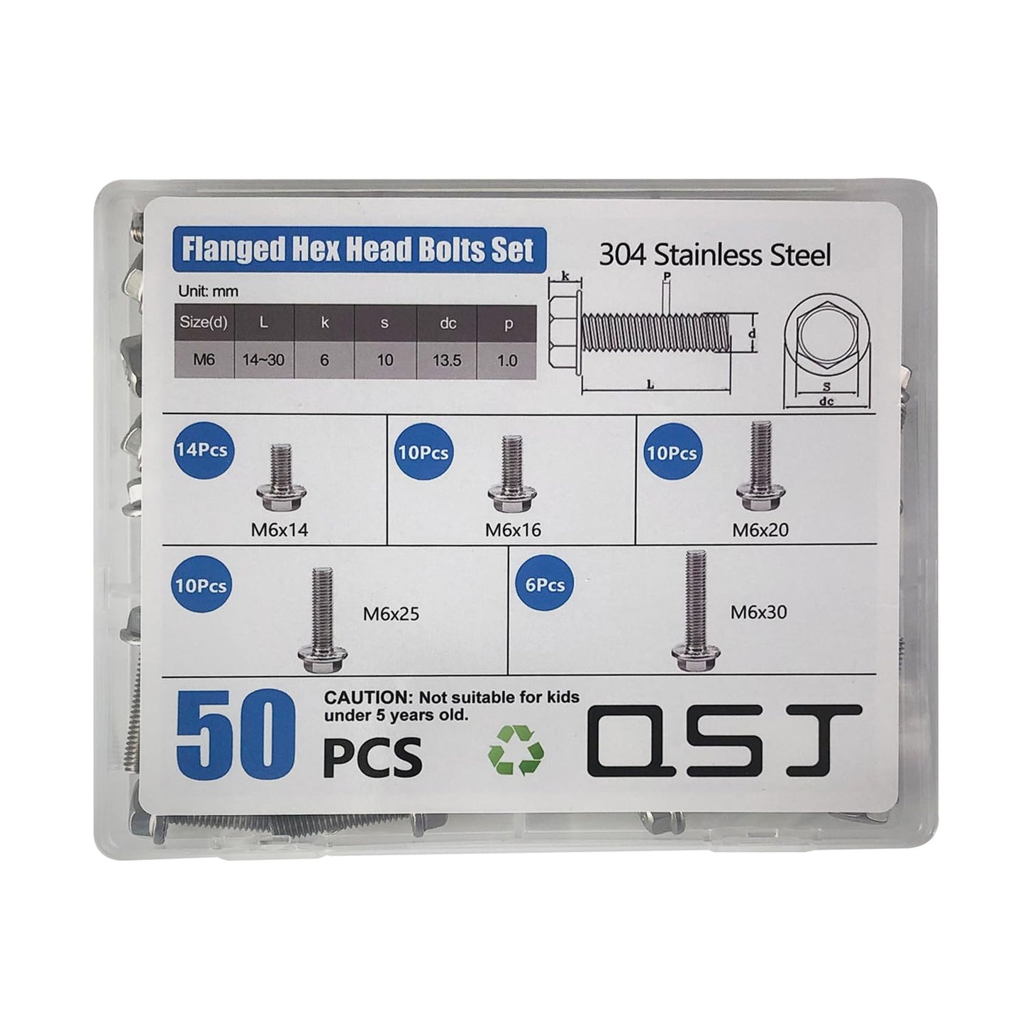 QSJ 50PCS Flanged Hex Head Bolts Set M6 Flange Hexagon Screws 304 Stainless Steel