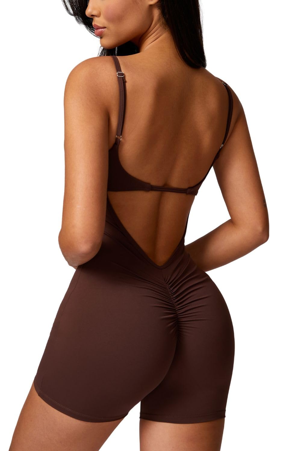 QINSEN Women's One Piece V Back Scrunch Butt Jumpsuits Bodycon Spaghetti Strap Backless Jumpsuit Stretch Workout Romper