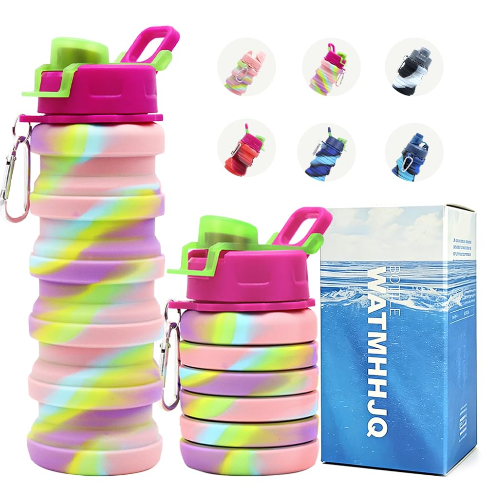 WATMHHJQ Silicone Collapsible Water Bottles, 16oz 500ml Portable Foldable Expandable Water Bottle Sports Cups, Leak Proof Reusable BPA Free, for Outdoor Activities Travel(Pink-B)