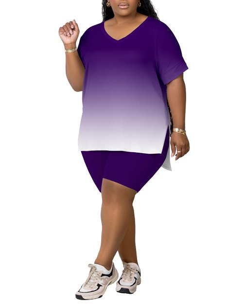 PINSV Women's Plus Size 2 Piece Outfits Sweatsuits Tracksuit Loungewear Short Sets Purple Gradient 3XL