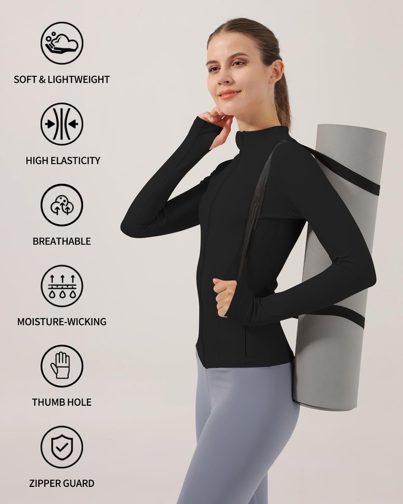 Locachy Women's Slim Fit Full Zip Athletic Running Sports Workout Jacket with Thumb Holes Style 02 Black M