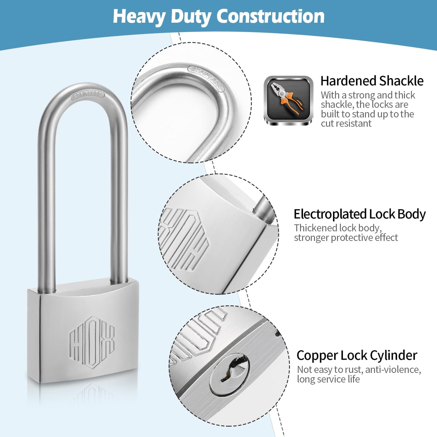 HOX Marine-Grade Rustproof Padlock, Stainless Steel Shackle & Chrome-Plated Brass Body, Weatherproof Outdoor Lock, 2.5-Inch Long Shackle, 12-Pack
