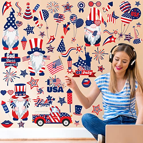 Patelai 6 Sheets 4th of July Decoration Patriotic Wall Stickers Independence Day Wall Decals American Flag Star Red White Blue Clings Memorial Day Window Clings for Patriotic Party Favors Decor(Gnome)