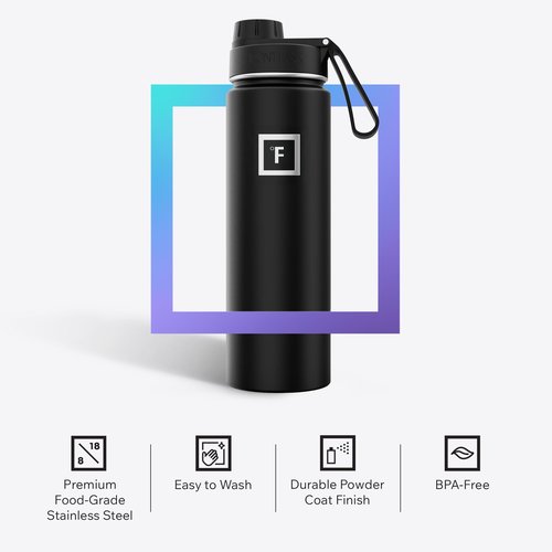 IRON °FLASK Camping & Hiking Hydration Flask with Spout, Wide Mouth Insulated Stainless Steel Sports Water Bottle - Midnight Black 24 oz - Spout (1 Lid)