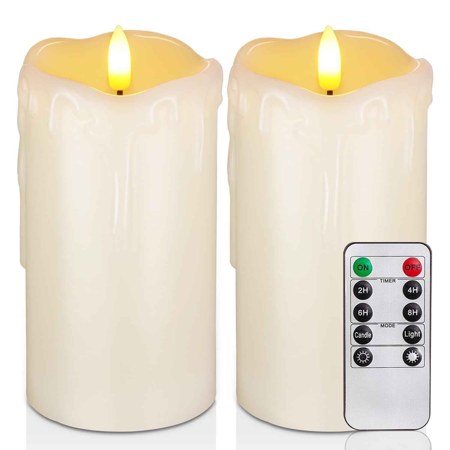 Homemory Dripping Wax Flameless Candles, Battery Operated Candles with Remote Control and Timers, LED Pillar Candles, Electric Fake Candles, 3" x 6", Set of 2