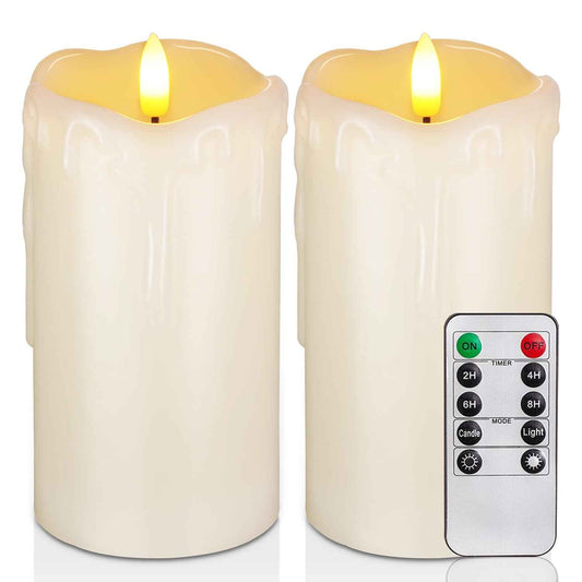 Homemory Dripping Wax Flameless Candles, Battery Operated Candles with Remote Control and Timers, LED Pillar Candles, Electric Fake Candles, 3" x 6", Set of 2