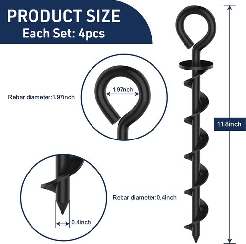 Eurmax USA Canopy Tent Stakes - Durable Corkscrew Shape Steel with Installation Tool & 4 Wind Ropes | Set of 4 (Black)