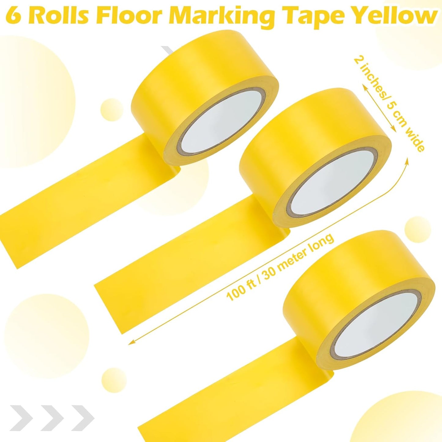 Outus Floor Marking Tape - Durable 2" Wide Yellow Non-Abrasive Tape for Social Distancing | 100' Length, 6 Rolls