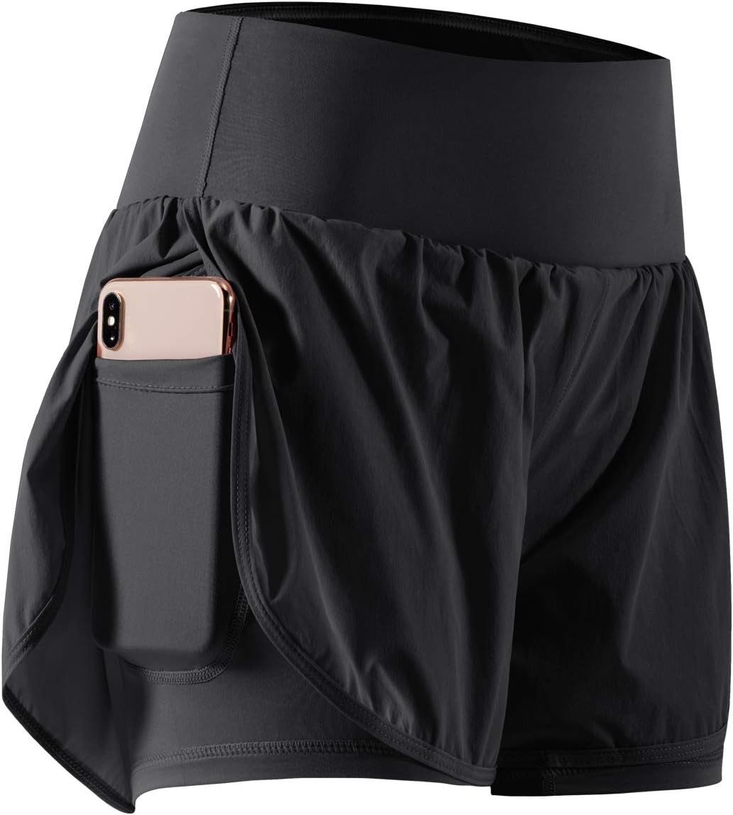 CADMUS Women's 2-in-1 Workout Shorts - Athletic Gym Running Shorts with Phone Pockets
