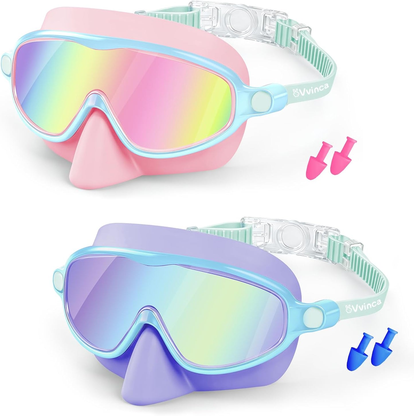 Vvinca Kids Swim Goggles - Anti-Fog UV Protection & Nose Cover | 2 Pack for Ages 3-14